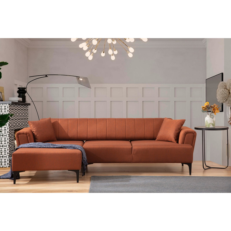 Élégant canapé-lit d'angle, rouge carrelé, 55,1 po x 106,3 po x 30,3 po | Tissu 100% polyester, bois de hêtre et structure en carton gris | Mécanisme de dossier tournant pour faciliter la conversion | Coussins en mousse souple, parfaits pour les salons