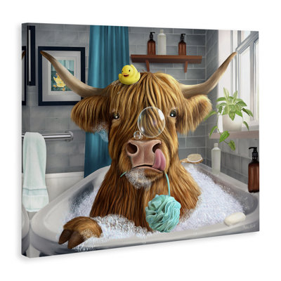  «Highland Cow Bubble Bath», art mural sur toile par Mehu Art