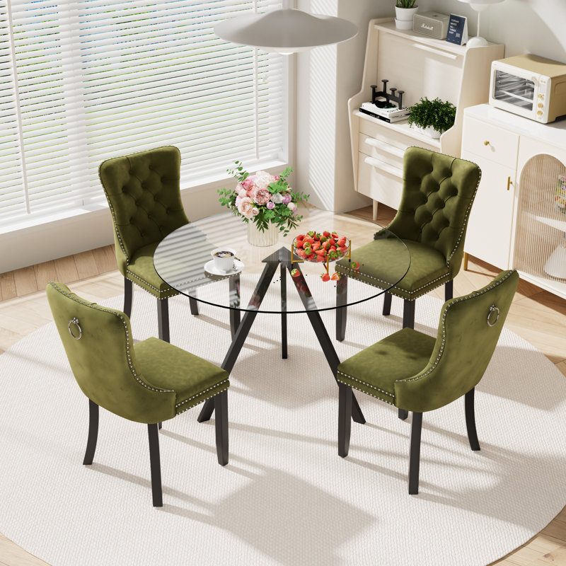 5-Piece Pedestal Dining Set, Olive Green, 30" H x 39" W x 39" D