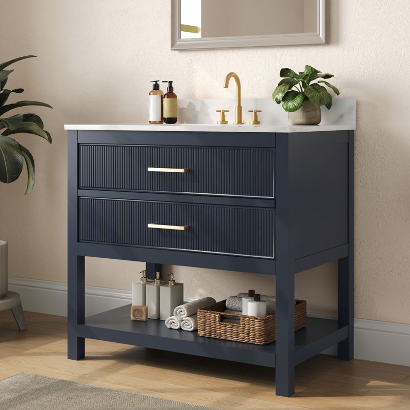 36" Fully Assembled Single Bathroom Vanity With Artificial Marble Top, Blue, Blue