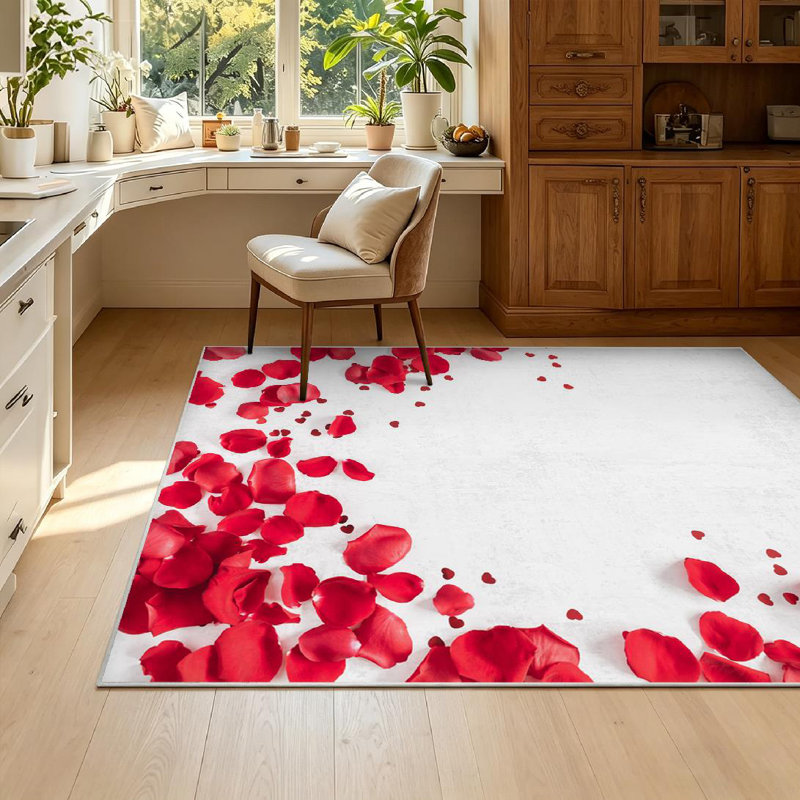 Red Valentine Day Flowers Round Rose Confetti White Valentines Flat Machine Washable Indoor Area Rug, Rectangle 55" x 79"