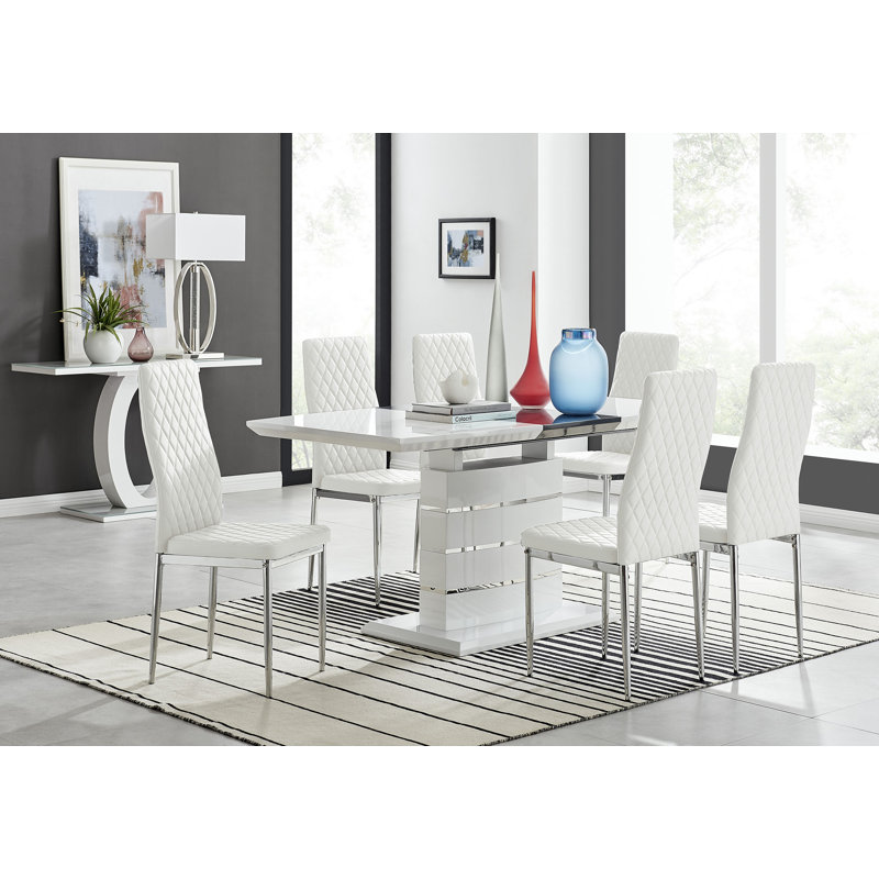Renne Modern High Gloss Extendable Dining Table Set With 6 Quilted Faux Leather Dining Chairs, White/Silver