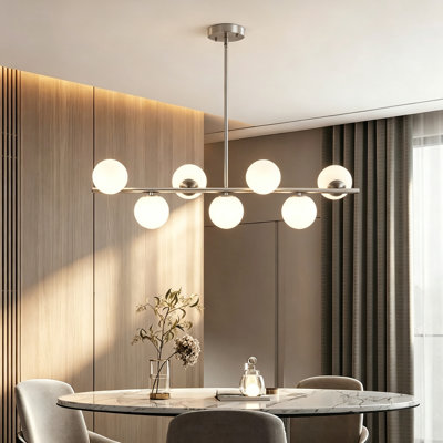 7 - Light 36 inch Dimmable Sputnik Modern Linear Chandelier with White Glass Globe Shade