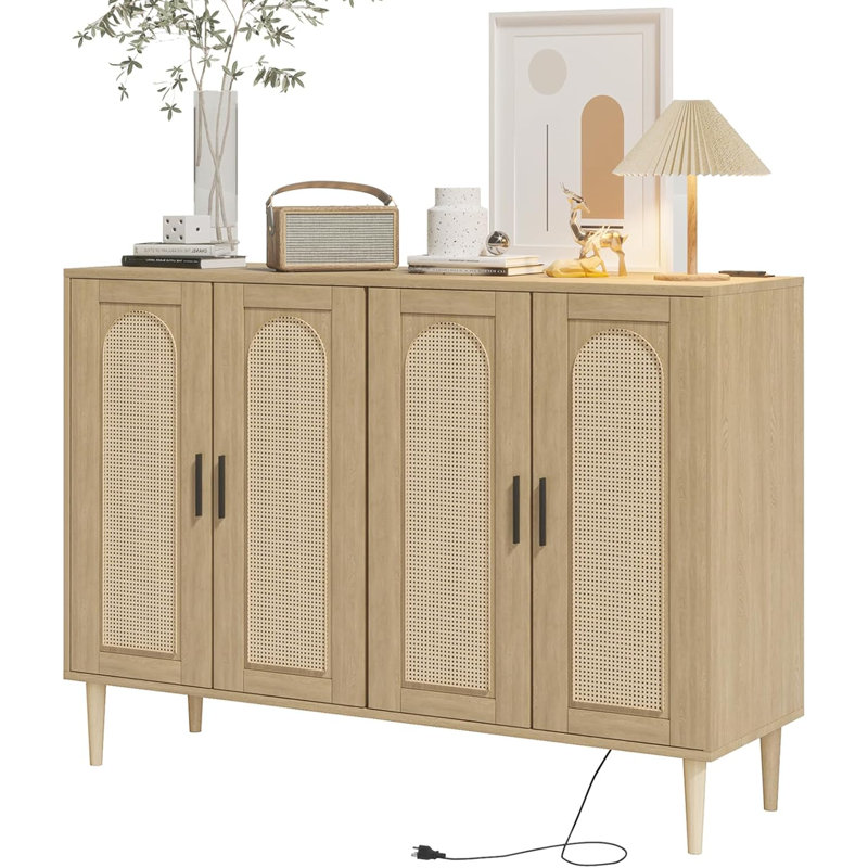 Rattan Sideboard Buffet Cabinet with Power Outlet & 4 Doors, Natural
