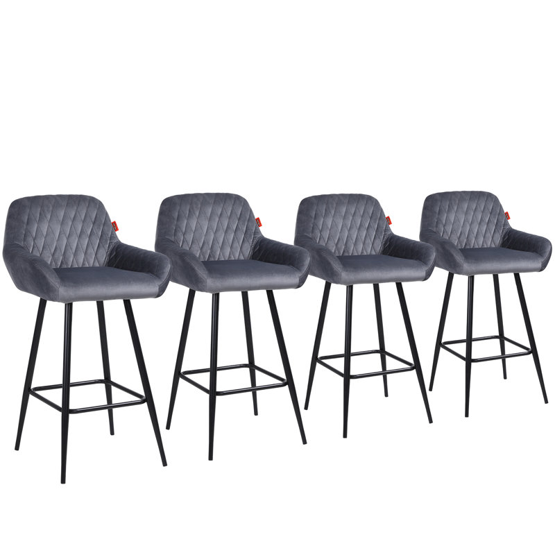 Bar Stools Velvet Fabric With Backrest And Armrests, Auitable For Kitchen, Home, Bar, Counter, Grey, 4