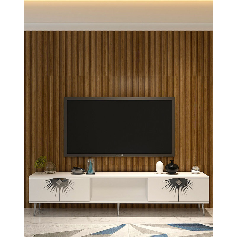 Modern TV Stand with Wall-Mount Option, White & Silver, 59.1 x 15.9 x 11.6 inches | 100% Melamine Coated Particle Board, Thickness: 0.7 inches | Stylish Design for Living Room & Entertainment Spaces, Durable & Elegant
