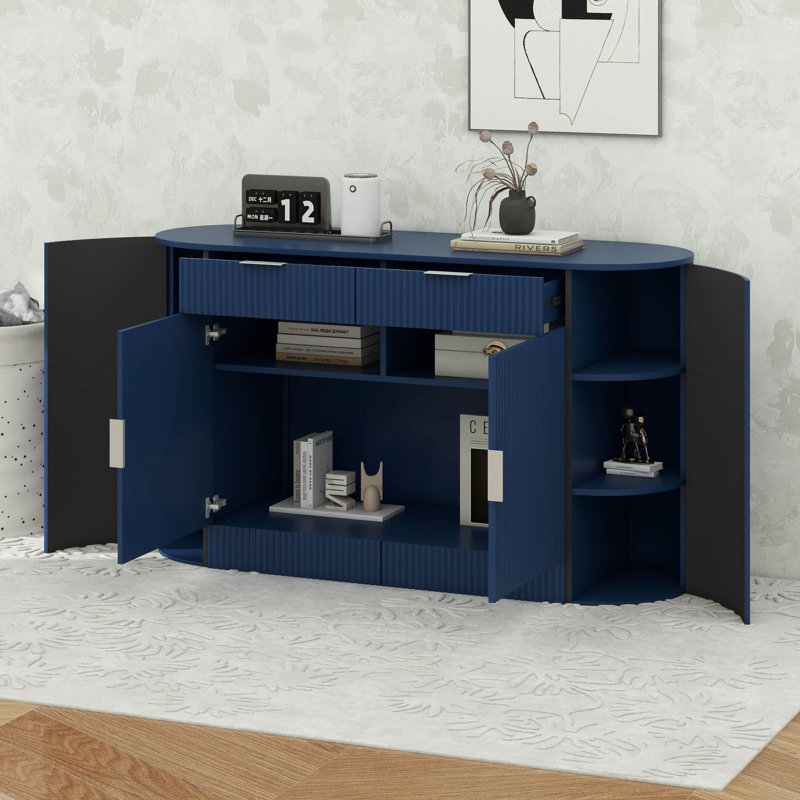 Armoire de rangement moderne - 2 portes et 2 tiroirs, porte latérale incurvée et tablettes à 3 niveaux, Marine