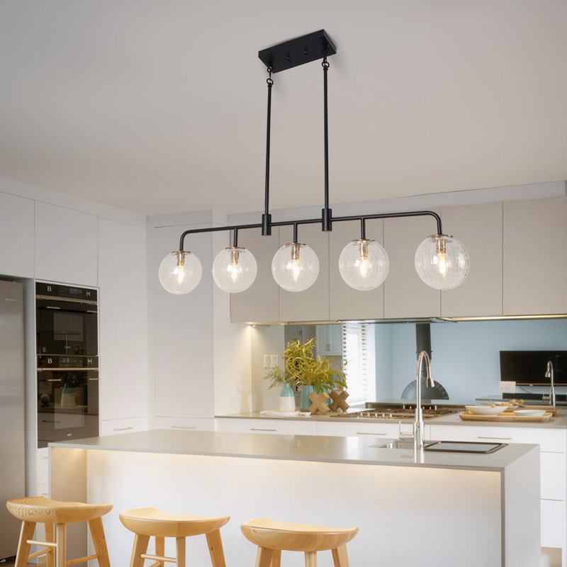 Lustre linéaire linéaire à 5 lumières avec verre globe craquelé pour salle à manger moderne ou cuisine sans ampoules incluses