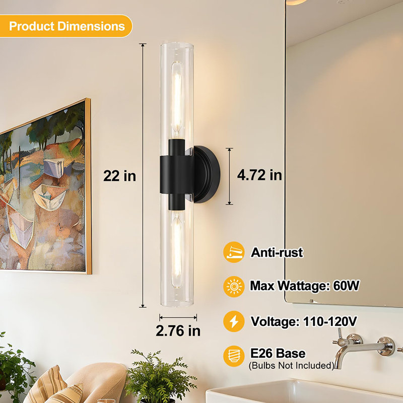 Ensemble de 2 appliques murales, éclairage mural moderne en verre transparent câblé pour miroir de salle de bain, chambre à coucher, salon et couloir