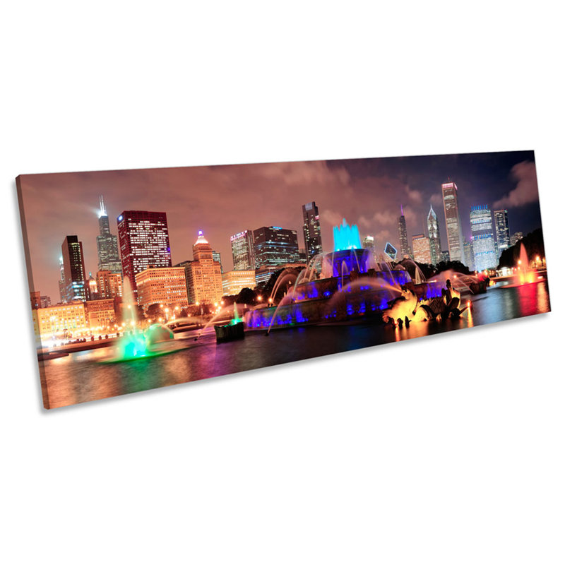 Chicago City Skyline Night - Wrapped Canvas Panoramic Print, 40.64cm H x 121.92cm W x 2cm D