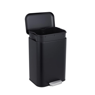 Hands-Free Step Pedal Kitchen Trash Can – Stainless Steel Rectangular Bin – Soft-Close Lid – Removable Inner Bucket – For Home, Office, Bathroom – 5.2 Gallon, Black, 20L