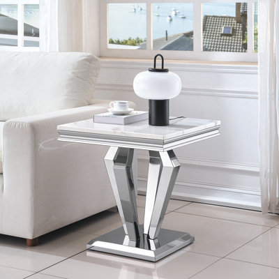 Ensemble de 3 tables basses en faux marbre, ensemble de table de salon moderne comprenant 1 table basse, 1 console et 1 table d'appoint pour le salon, plateau en faux marbre blanc avec structure en acier inoxydable en forme de losange