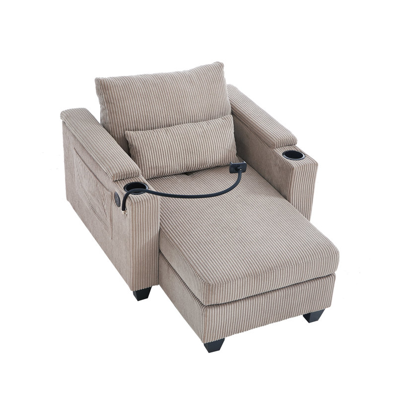 Chaise longue en velours côtelé Alice avec porte-gobelets, USB et rangement, Brun