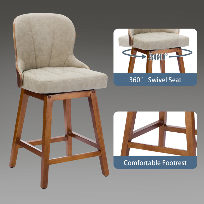 Swivel Bar Stools Set of 2 Mid Century Modern Faux Leather Upholstered Counter Height Barstools,Kitchen Island Wooden Bar Chairs,25-Inch Armless Counter Stools with Wood Back and Legs