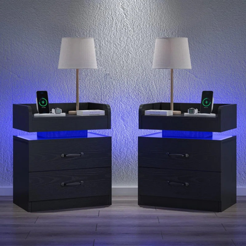 Structure de lit plateforme tapissier avec lumières DEL et ensemble de chambre à coucher avec tables de chevet à DEL assorties