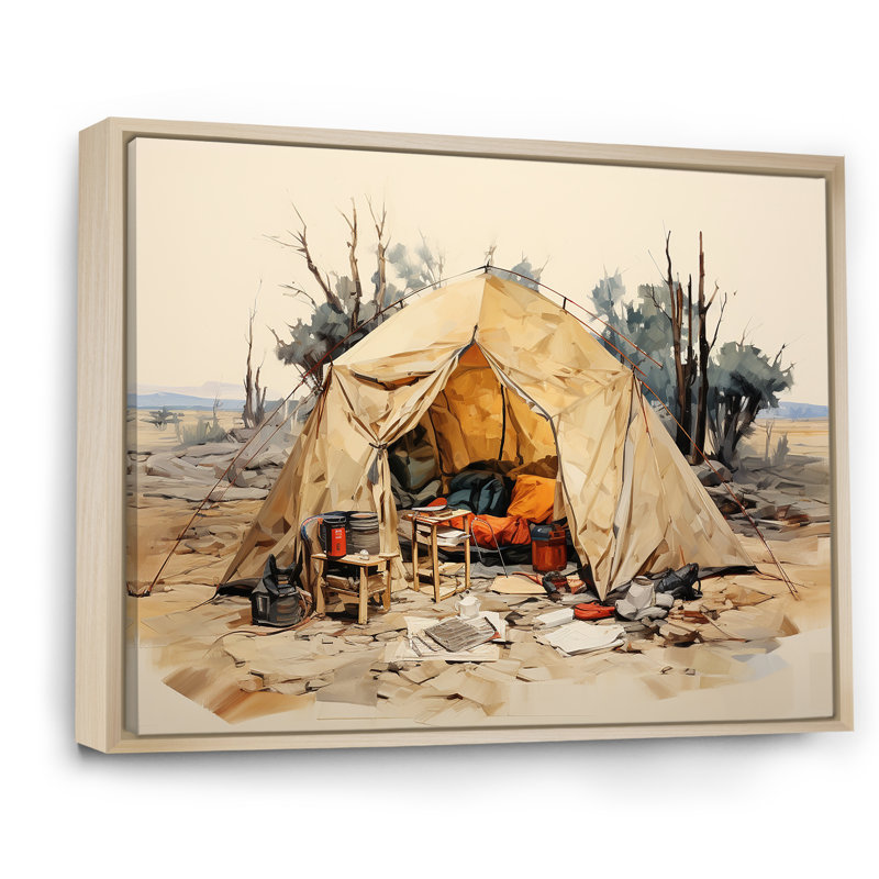 Camping Tent Outdoor Adventure III - Camping Travel Wall Decor, 24" H x 32" W x 1" D, Natural Floater Framed