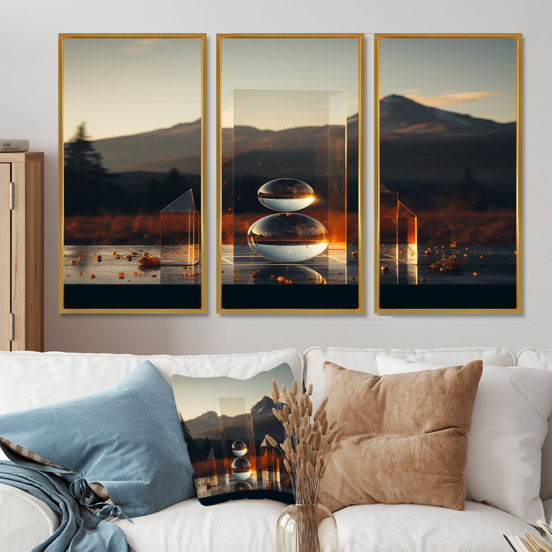 Dillion - Ensemble d'art mural paysage abstrait, Cadre flottant doré, H 28 po x l 36 po x P 1 po