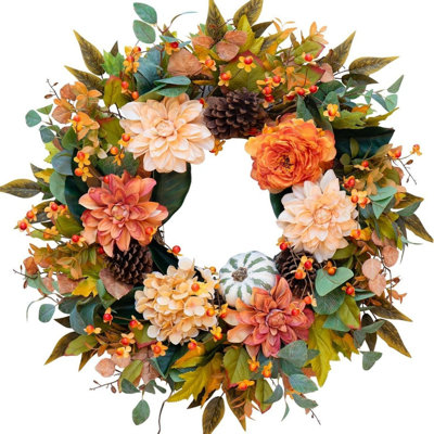 Couronne de porte artificielle 23,6 pouces avec dahlias, pommes de pin, mini citrouille et baies, décor de couronne de l'Action de grâce Farmhouse Harvest
