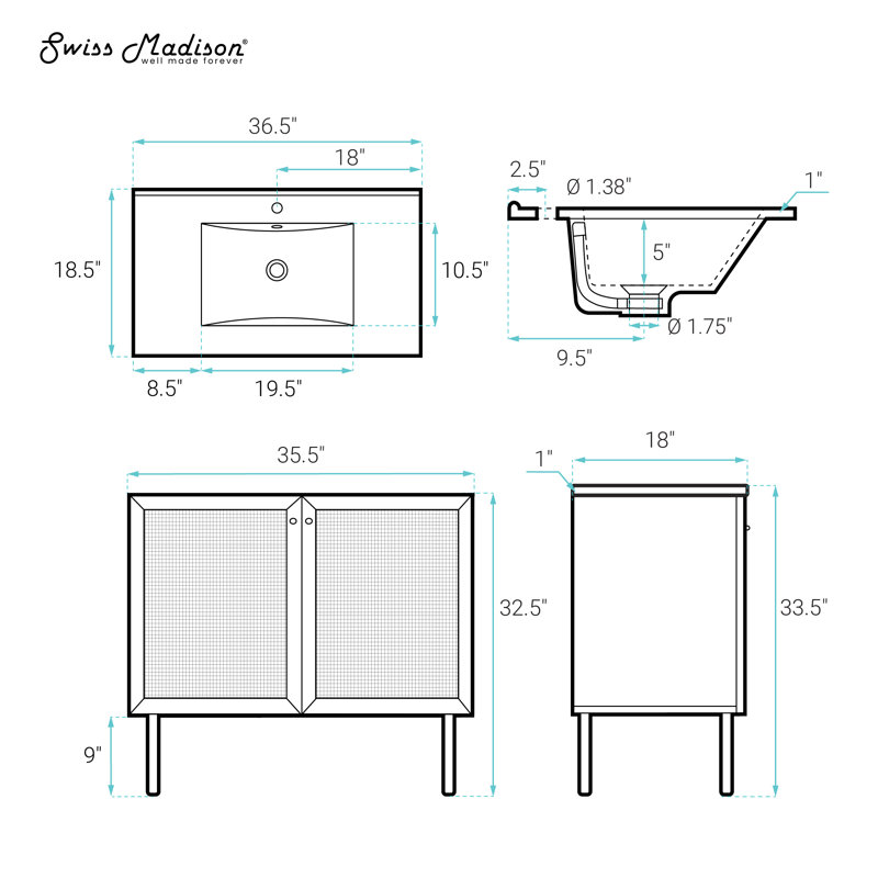Classe 36" Freestanding Bathroom Vanity in Natural Oak with Sink Top, Single-Hole, White, Natural Oak