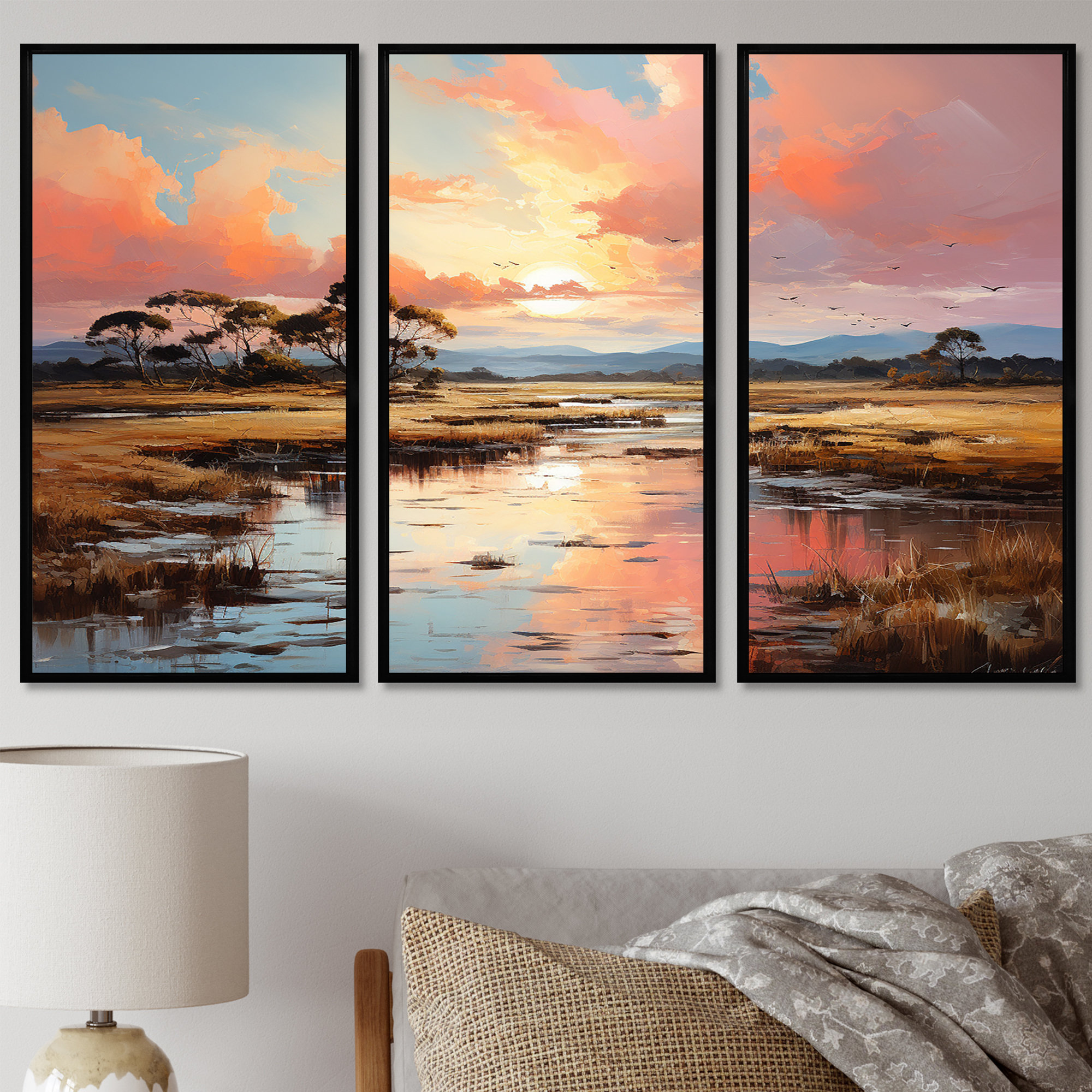 Lark Manor Pink Sunset Over Marsh Wetlands - Lake Wall Art Decor Set ...