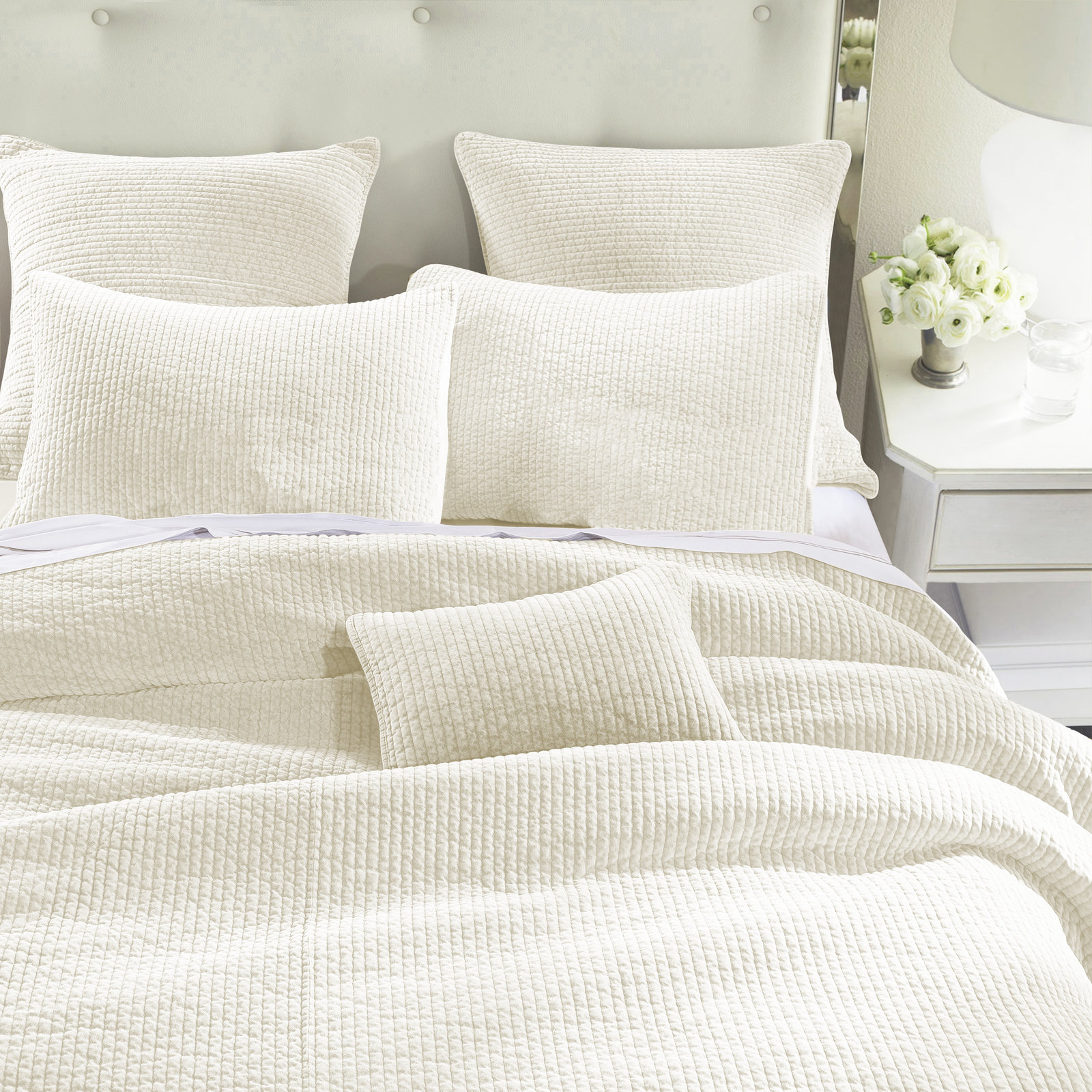 Stone Washed Cotton Velvet Quilt Set, King Quilt  + 2 King Shams, Vintage White