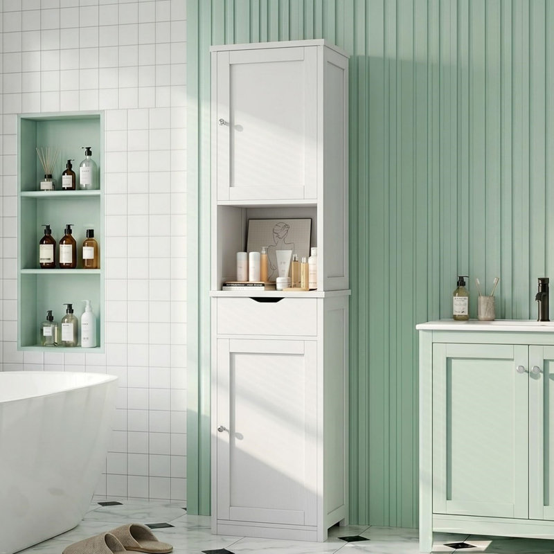 Armoire de rangement pour salle de bain étroite 67 po, 2 portes, 1 tiroir avec tablettes réglables, armoire à linge verticale pour petits espaces