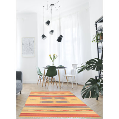 Bleu de style sud-ouest tissé à plat à la main McLendon gris/orange/jaune Tapis décoratif