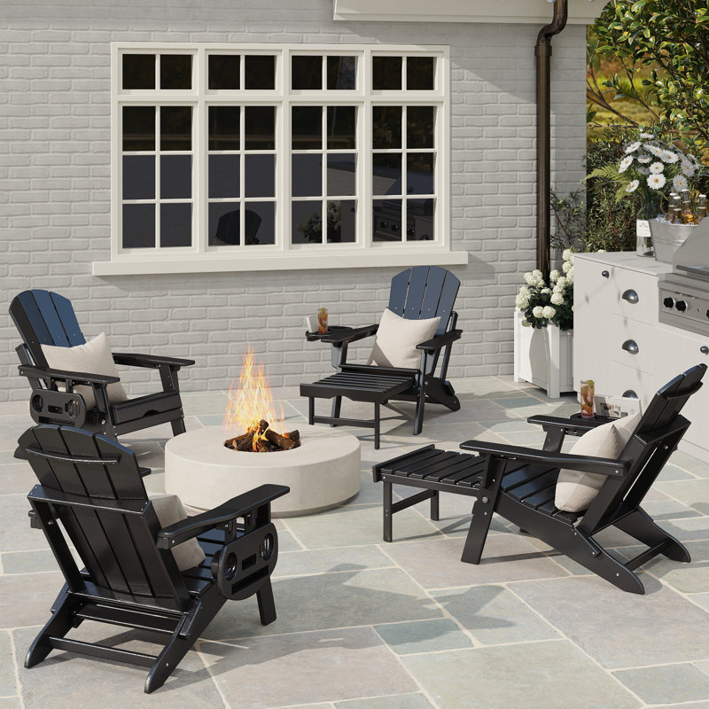 HDPE Folding And Adjustable Adirondack Chair With Ottoman, Black