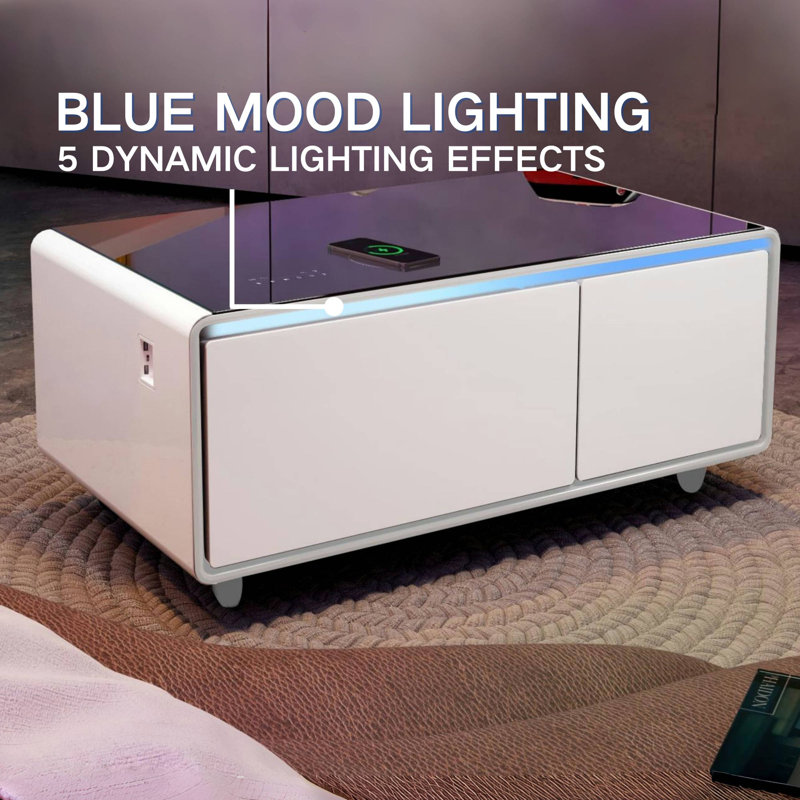 Myabella 93L Smart Coffee Table with Freezer and Fridge, Multiple charging and Bluetooth Speaker, White