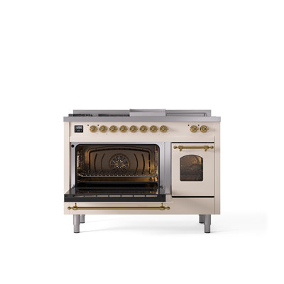 ILVE Nostalgie II Series 48 inch Dual Fuel Range with 5 Sealed Burners, Griddle, Frenchtop (Glass Door)