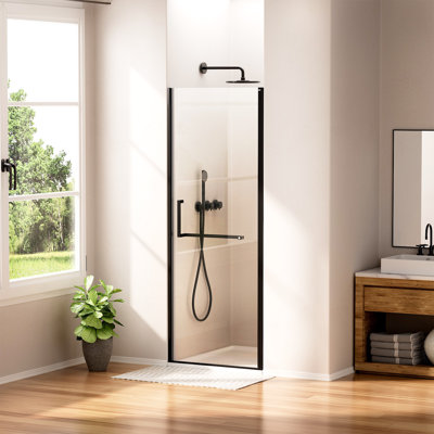 28 po X P 72 po H Porte de douche pivotante sans cadre au fini noir mat avec verre trempé