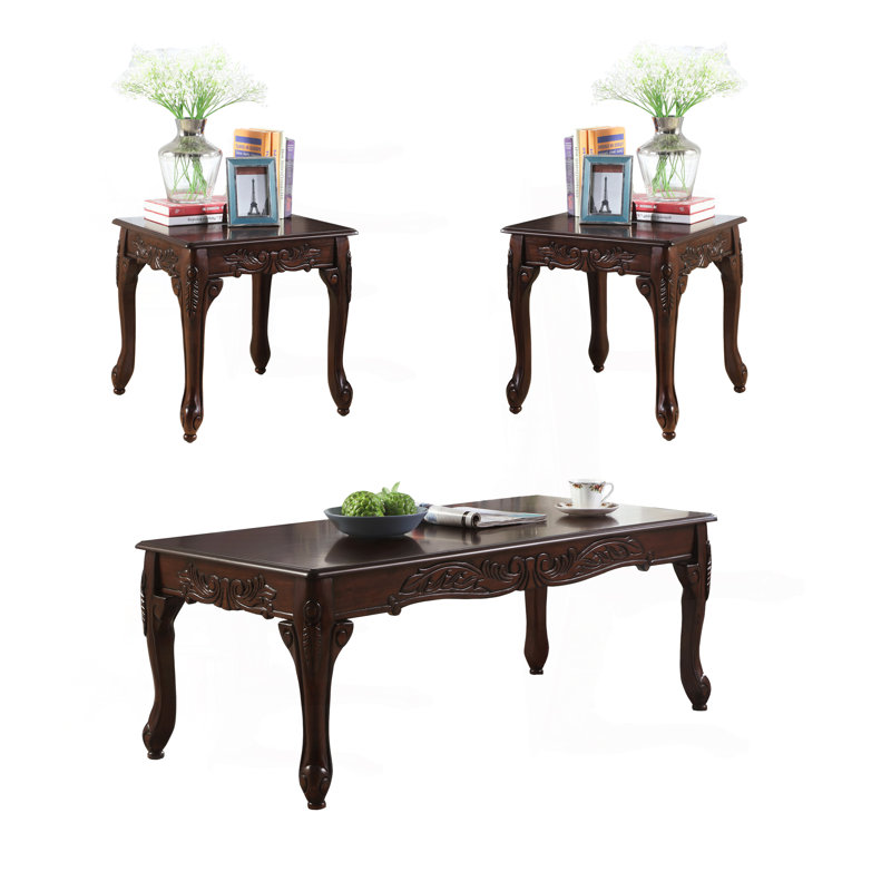 3Pc Dark Cherry Finish Coffee & End Table Set