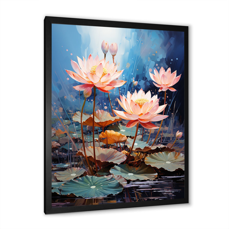 Fleurs de lotus étang harmonie sur toile, Cadre simple noir, H 44 po x l 34 po x P 1,5 po