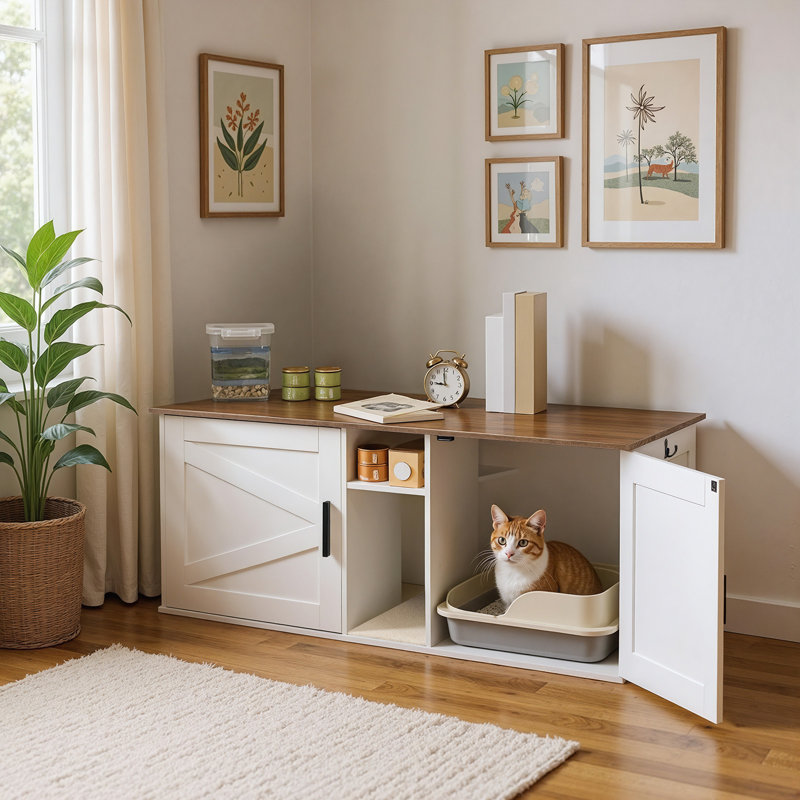 Litter Box Enclosure For 2 Cats, White/Walnut