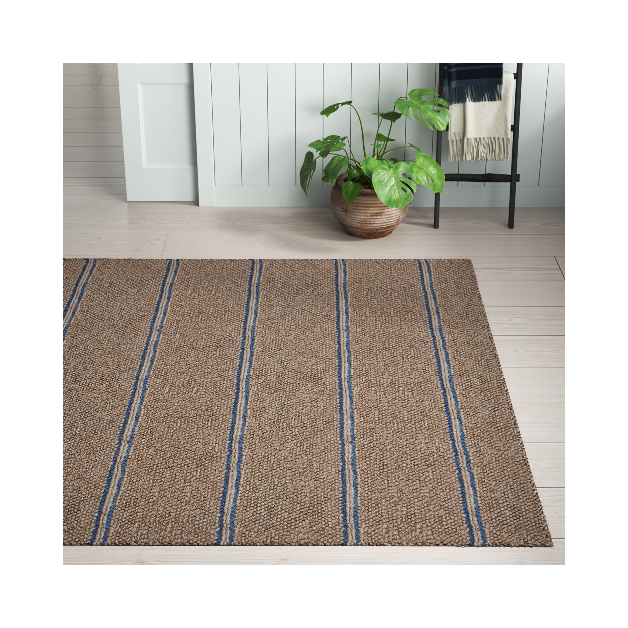 Beamond Striped Hand-Woven Jute Brown/Blue Area Rug, Rectangle 8' x 10'