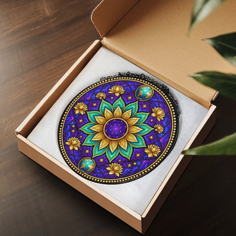 Sun Mandala Boho Plaque Vitrail Panneaux Suncatcher, 3,5 x 3,5 po (9 x 9 cm)