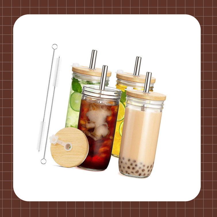 2 Cup Set Cute Glass Mason Jar Boba Cups Set with Bamboo Lids and