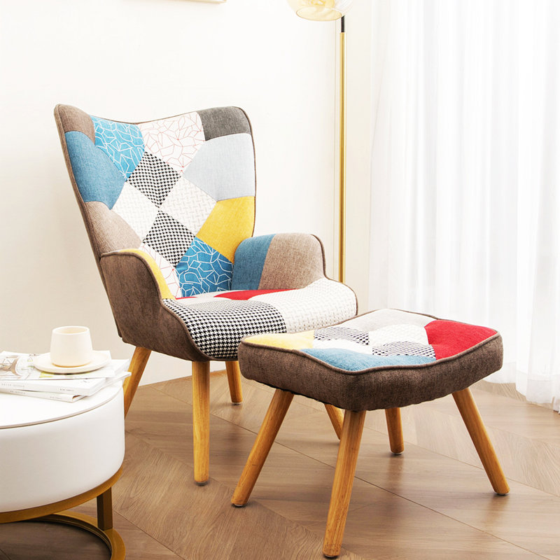 Fauteuil d'appoint en tissu de lin avec pieds en bois Patchwork, Bleu/brun