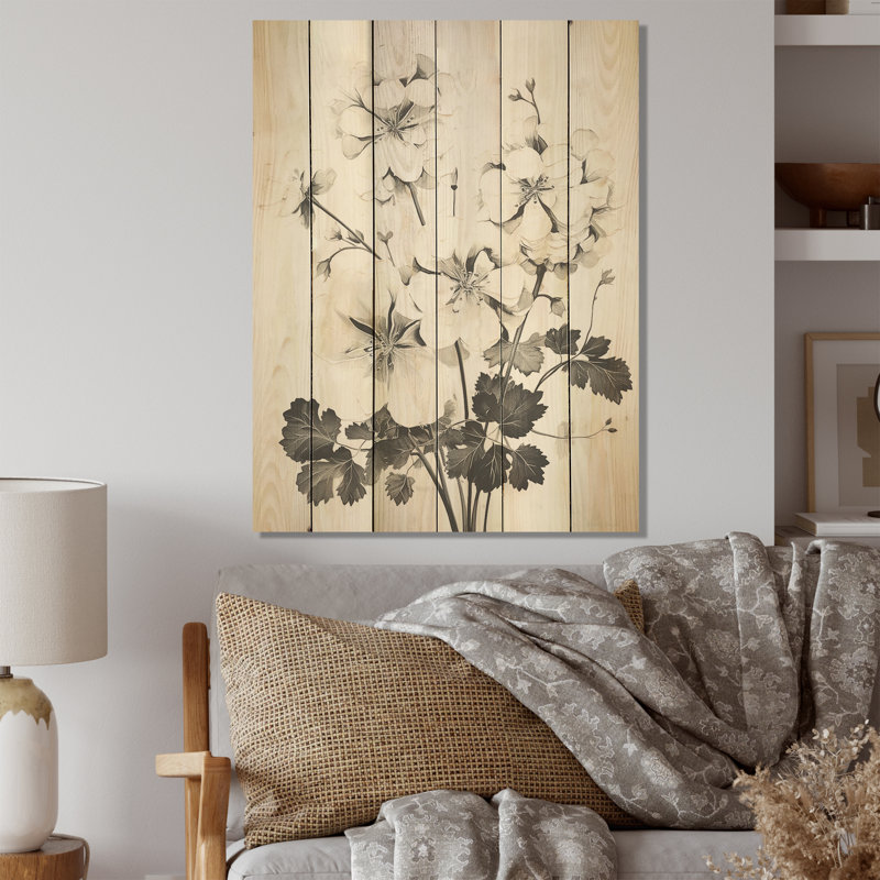 Minimalisme noir et blanc géraniums I - géraniums, art mural sur bois de pin naturel, H 40 po x l 30 po