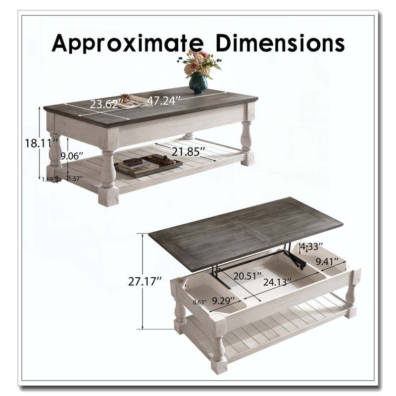 Table basse à plateau relevable Farmhouse, Gris antique, Blanc antique