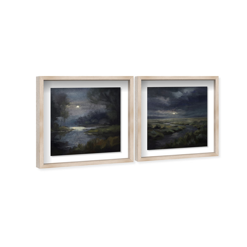 Ensemble de 2 impressions sous cadre « Lune cachée » d'Oliver Gal, représentant un paysage et la nature., Cadre blond