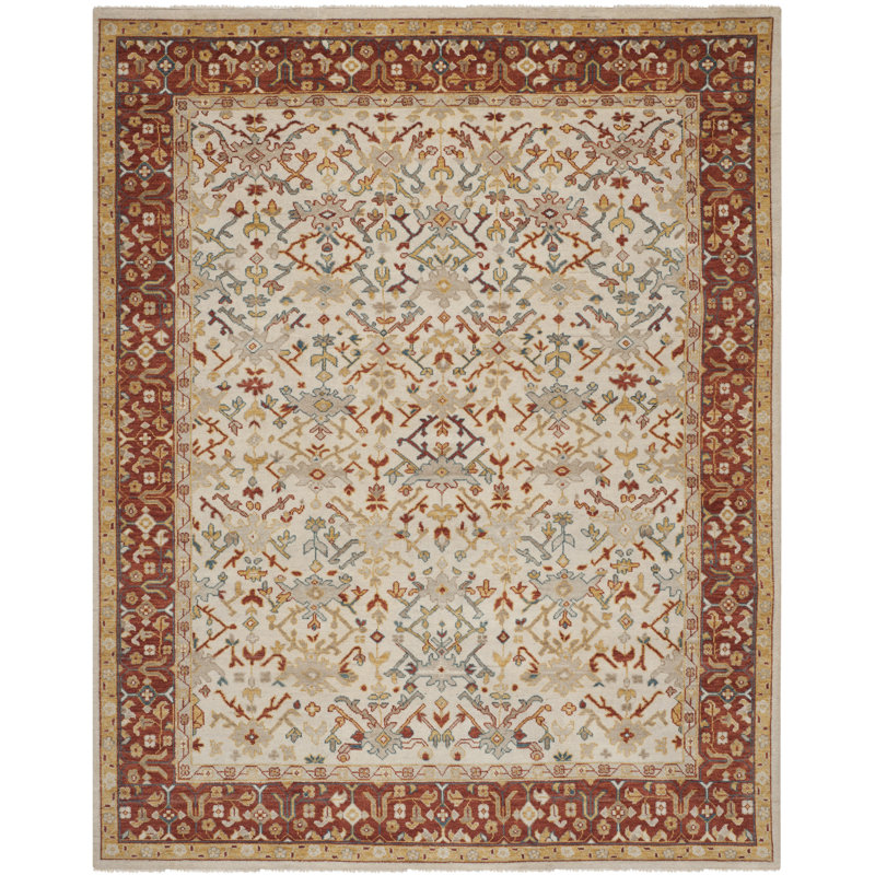 Tapis ivoire / brun en laine noué à la main Ajwa, Rectangle 8 pi x 10 pi