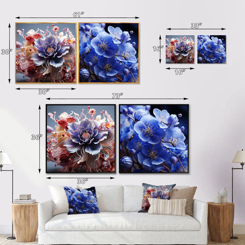 Abstract Floral Whispers - Ensemble de 2 collages carrés violets, Cadre flottant doré, H 36 po x l 73 po