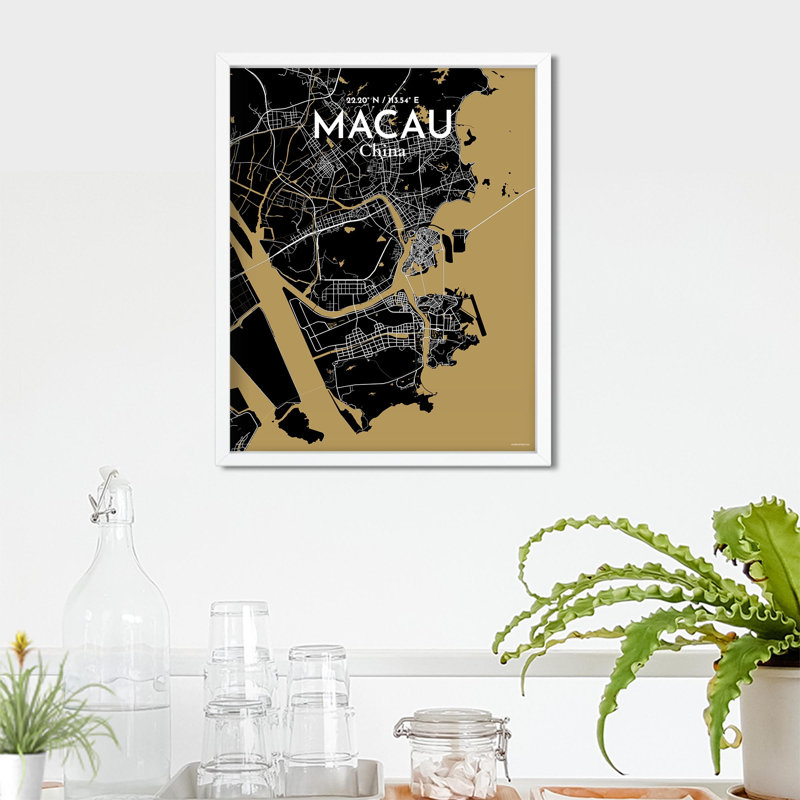 Macau, carte de la ville, impression, H 20 po x l 16 po, Noir et or