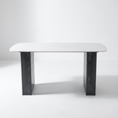 Modern Rectangular Tempered Glass Dining Table with Dual-Pedestal Metal Base and Marble-Patterned Design