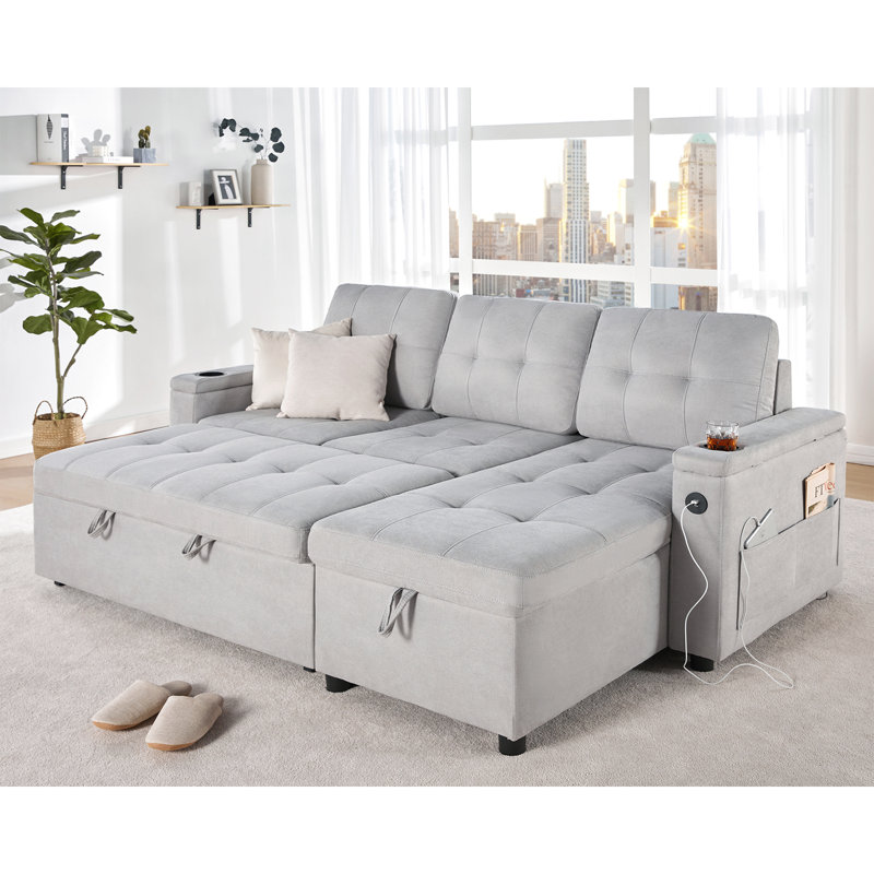 Sleeper Sofa Bed, 84 Inch Pull Out Couch With 2 USB & Cup Holders, Tufted L Shape Convertible Sofa With Storage Chaise