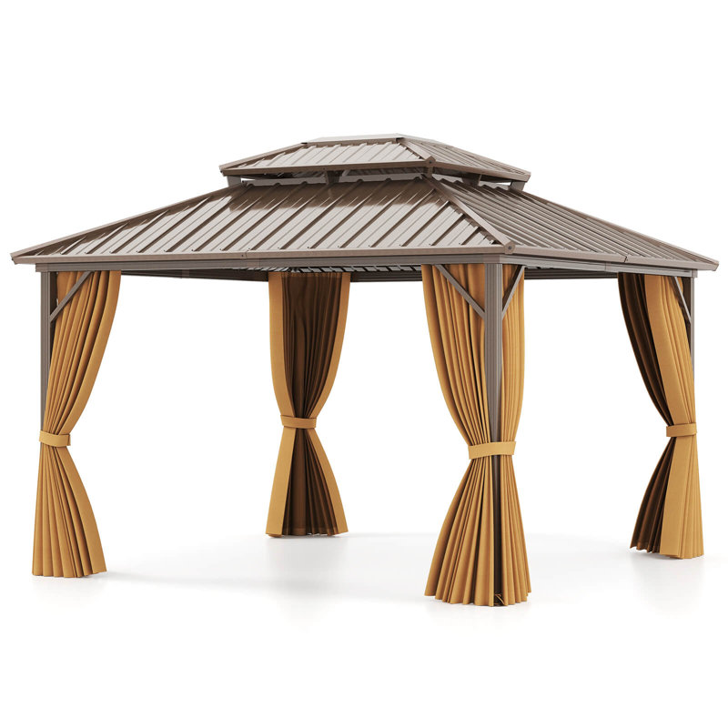 Hardtop Gazebo with  Netting Heavy-Duty Double-Roof Galvanized Metal Top, 111.6" H x 144" W x 144" D