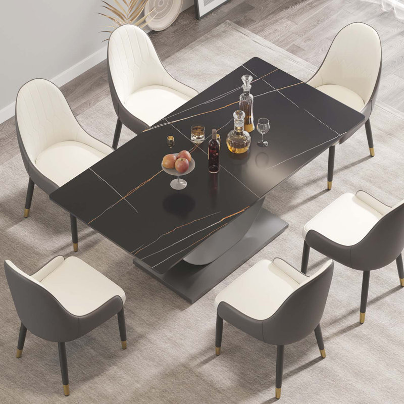 Kentrez Stone Top Metal Base Dining Table, Black, 35.4" W x 70.87" L