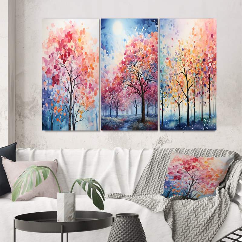 «Pink and Blue Trees Field Pointillism III», 3 pièces sur toile, Toile tendue, H 32 po x l 48 po