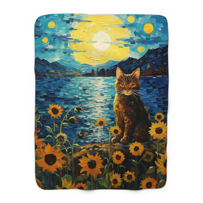 Chat dans une couverture de tournesols